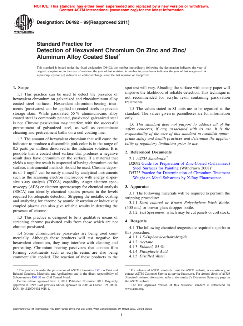 ASTM D6492-99(2011) - Standard Practice for Detection of Hexavalent Chromium On Zinc and Zinc/Aluminum Alloy Coated  Steel