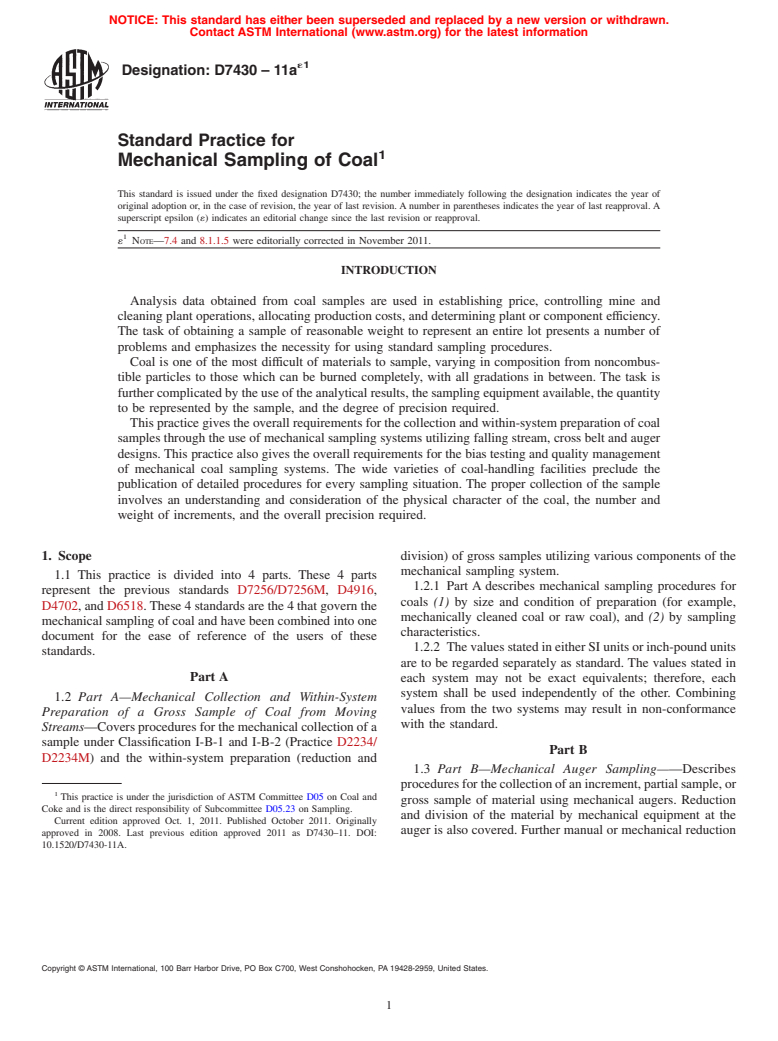 ASTM D7430-11ae1 - Standard Practice for Mechanical Sampling of Coal