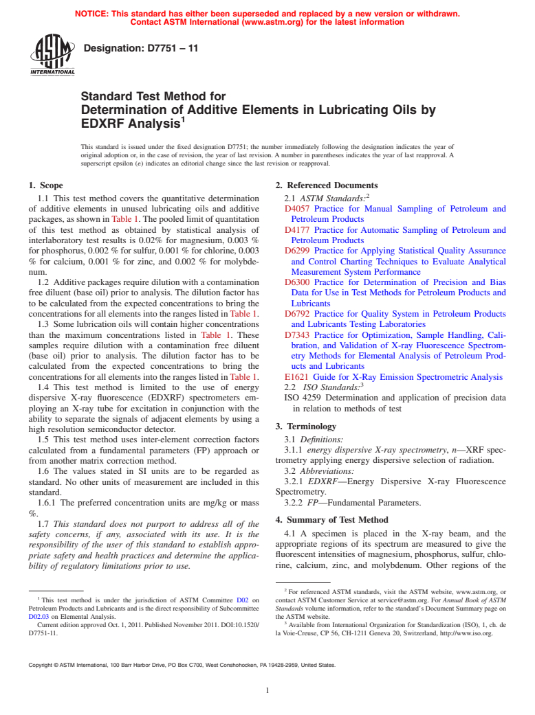 ASTM D7751-11 - Standard Test Method for Determination of Additive Elements in Lubricating Oils by EDXRF Analysis