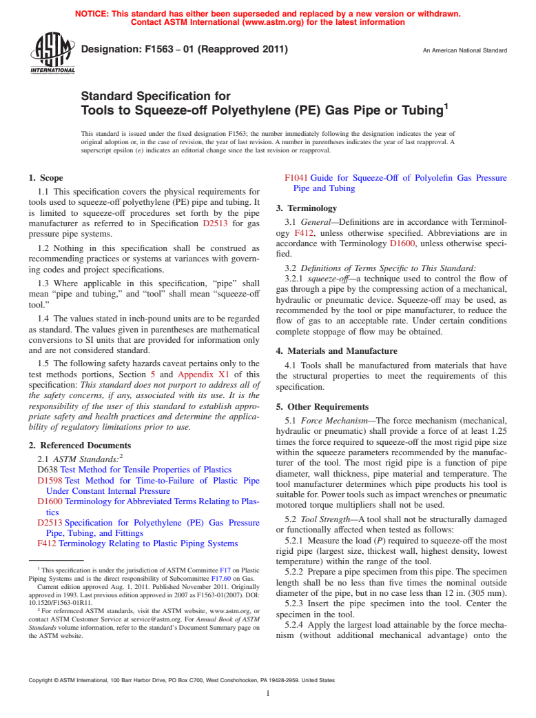 ASTM F1563-01(2011) - Standard Specification for Tools to Squeeze-off Polyethylene (PE) Gas Pipe or Tubing