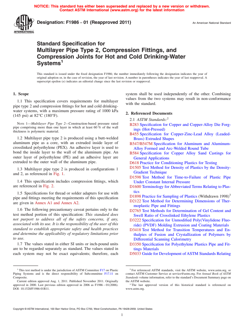 ASTM F1986-01(2011) - Standard Specification for Multilayer Pipe Type 2, Compression Fittings, and Compression Joints for Hot and Cold Drinking-Water Systems (Withdrawn 2020)