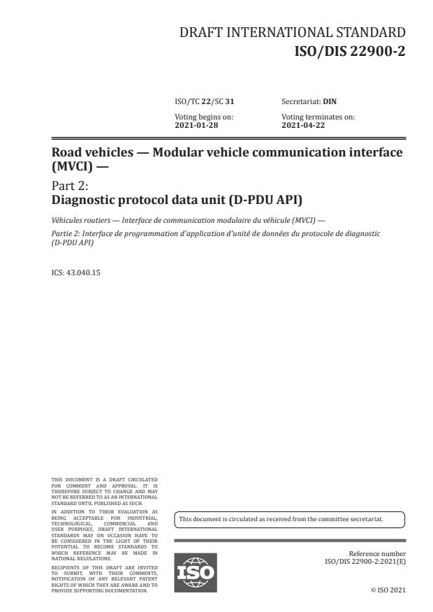 ISO/DIS 22900-2 - Road vehicles -- Modular vehicle communication ...