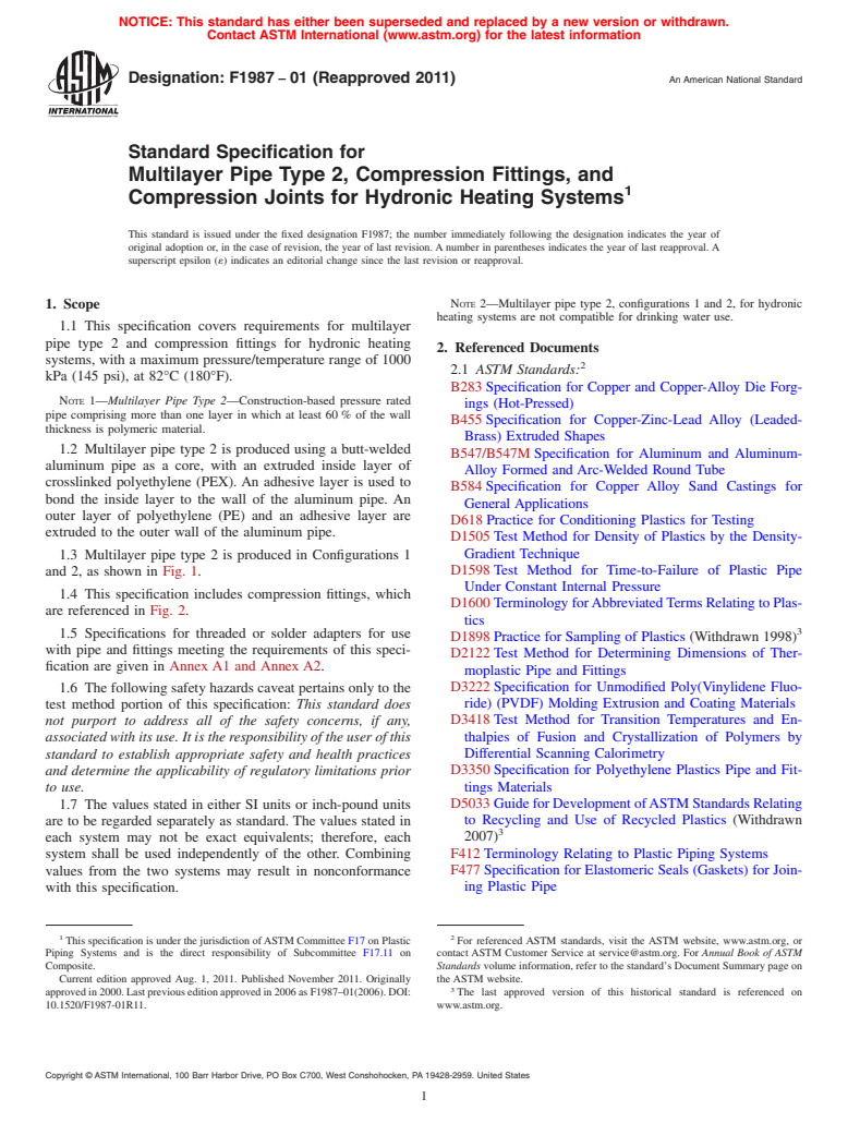 ASTM F1987-01(2011) - Standard Specification for Multilayer Pipe Type 2, Compression Fittings, and Compression Joints for Hydronic Heating Systems (Withdrawn 2020)