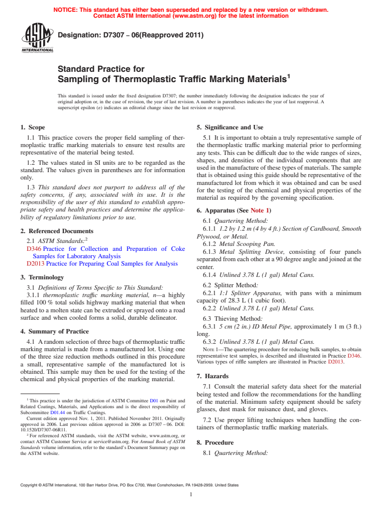 ASTM D7307-06(2011) - Standard Practice for Sampling of Thermoplastic Traffic Marking Materials