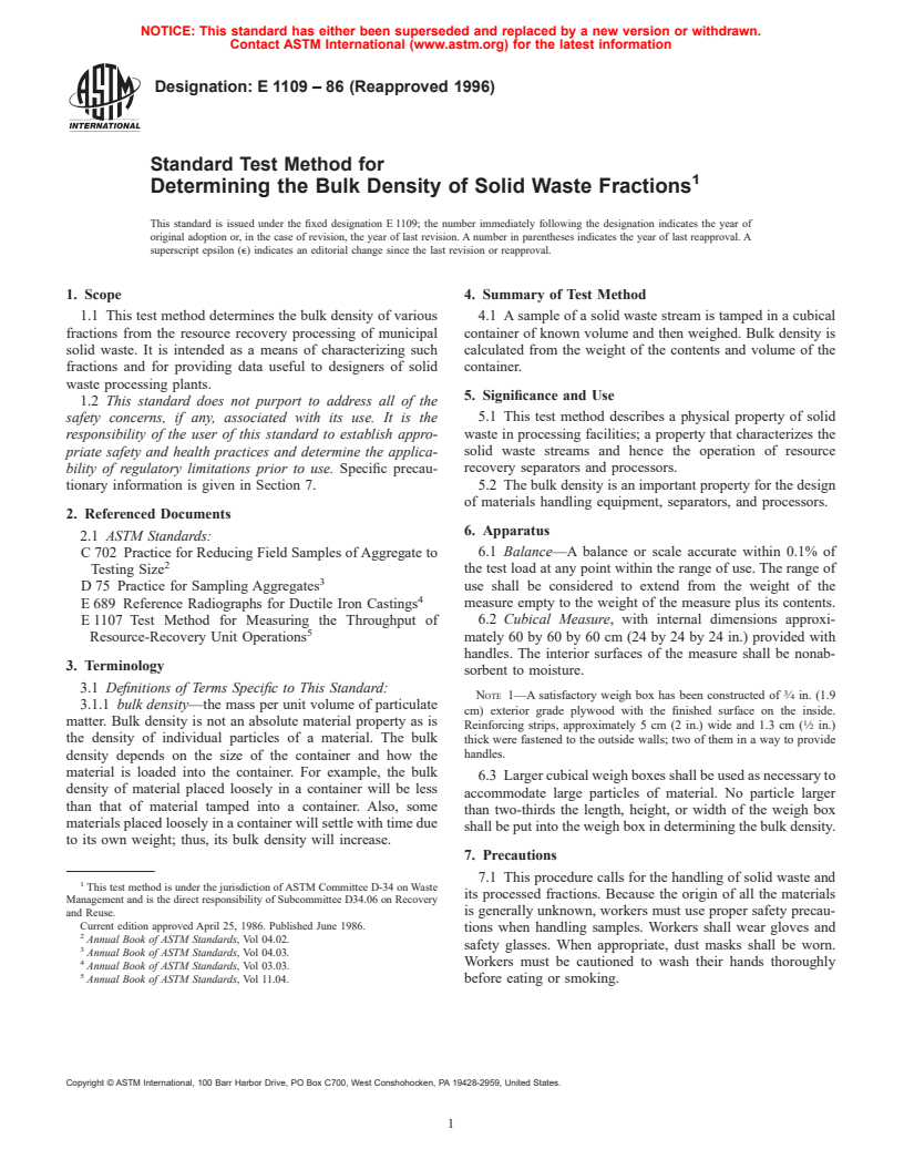 ASTM E1109-86(1996) - Standard Test Method for Determining the Bulk Density of Solid Waste Fractions