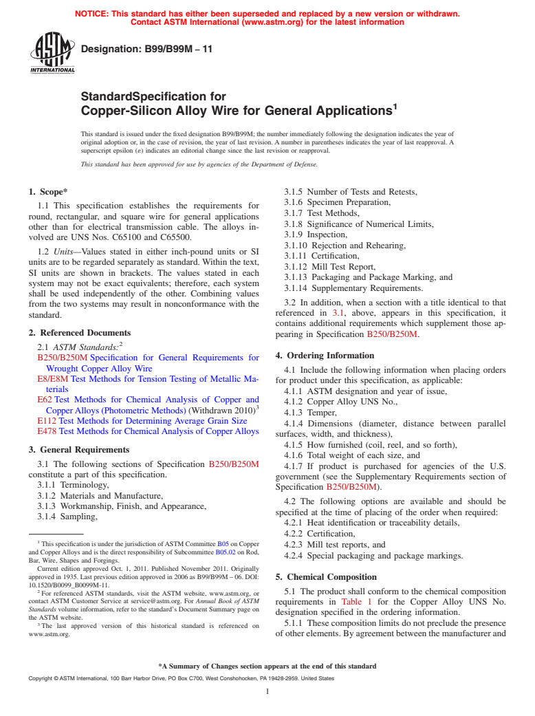 ASTM B99/B99M-11 - Standard Specification for  Copper-Silicon Alloy Wire for General Applications