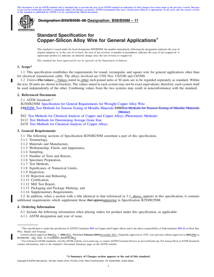 REDLINE ASTM B99/B99M-11 - Standard Specification for  Copper-Silicon Alloy Wire for General Applications