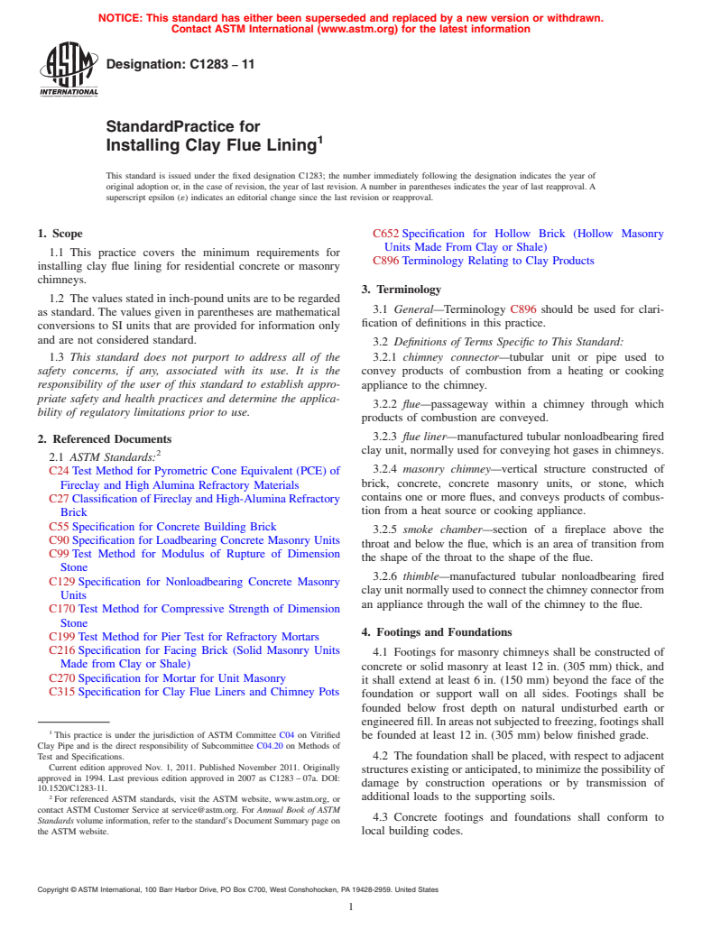 ASTM C1283-11 - Standard Practice for Installing Clay Flue Lining