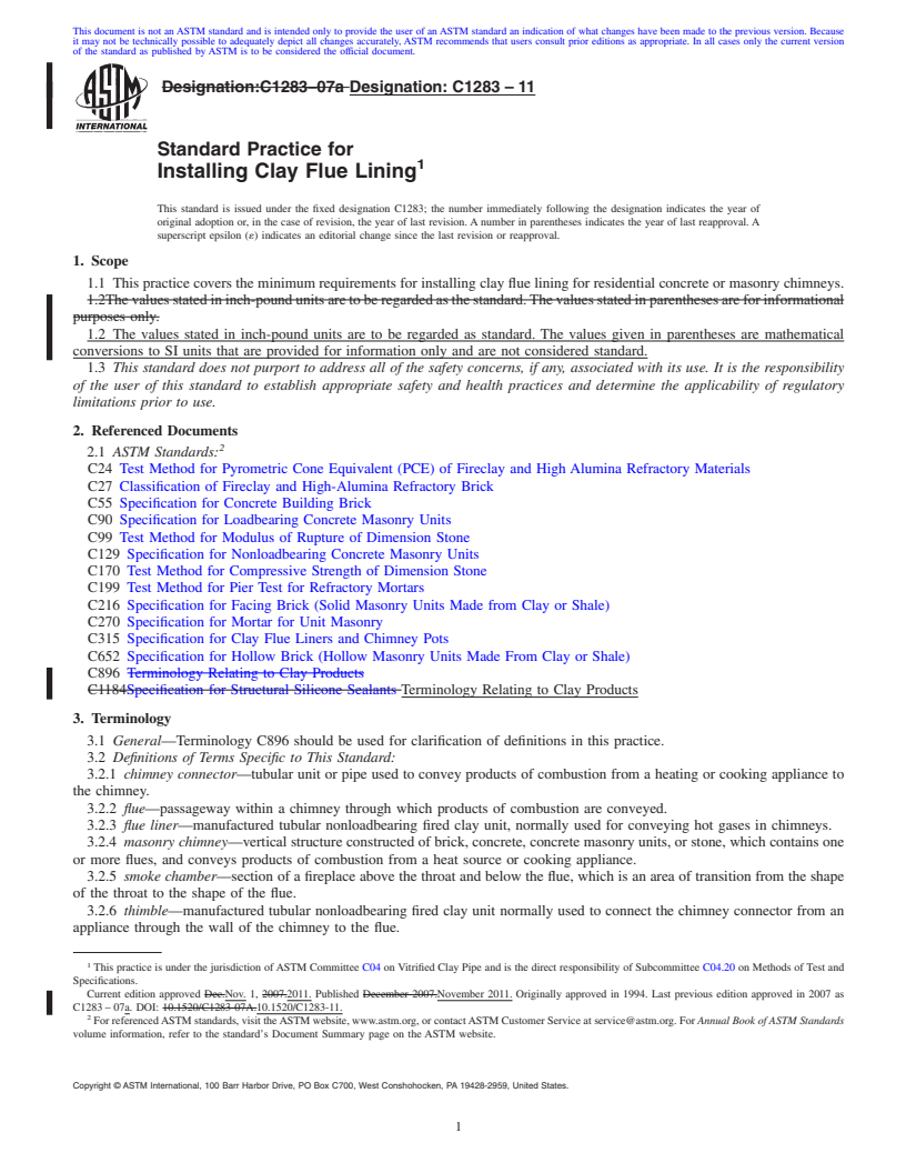 REDLINE ASTM C1283-11 - Standard Practice for Installing Clay Flue Lining