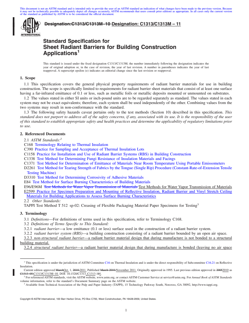 REDLINE ASTM C1313/C1313M-11 - Standard Specification for  Sheet Radiant Barriers for Building Construction Applications