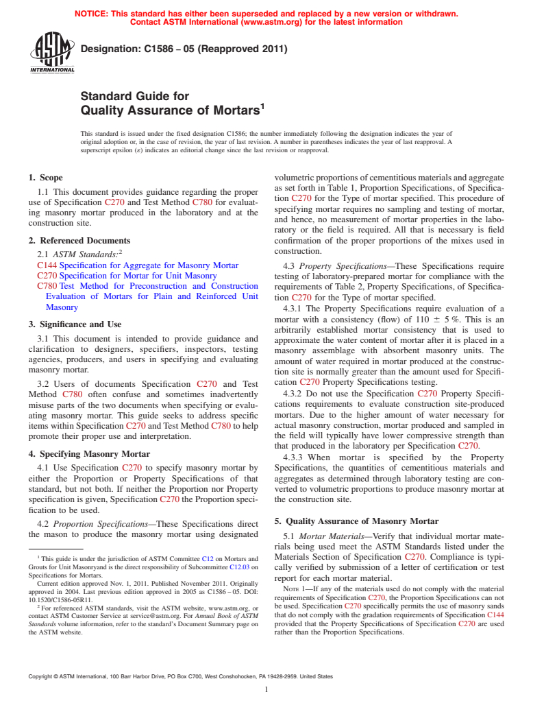 ASTM C1586-05(2011) - Standard Guide for Quality Assurance of Mortars