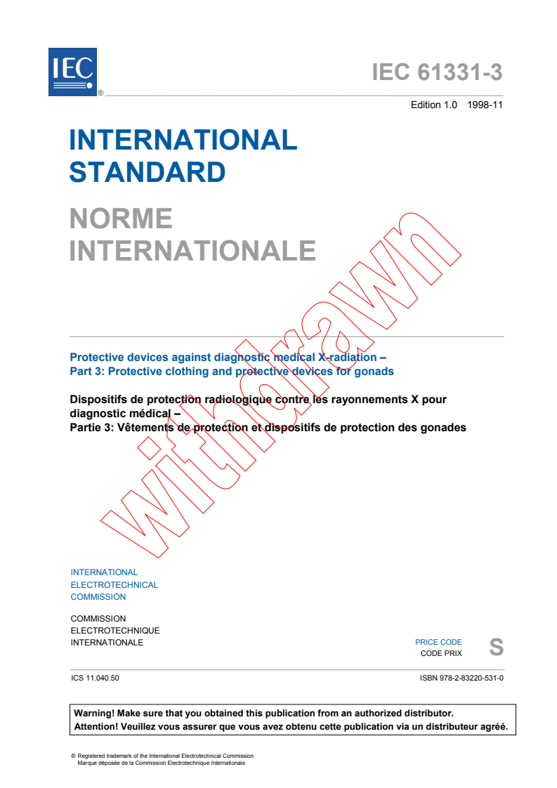 IEC 61331-3:1998 - Protective devices against diagnostic medical X-radiation - Part 3: Protective clothing and protective devices for gonads
Released:11/6/1998
Isbn:9782832205310