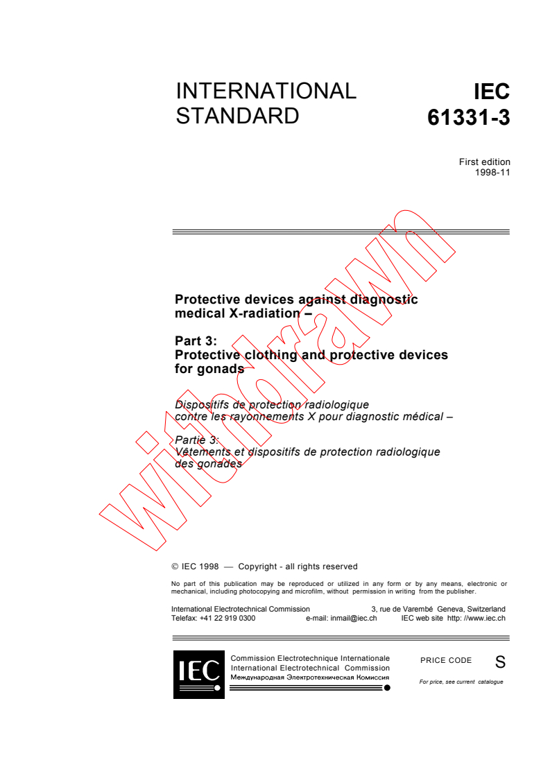 IEC 61331-3:1998 - Protective devices against diagnostic medical X-radiation - Part 3: Protective clothing and protective devices for gonads
Released:11/6/1998
Isbn:2831845572