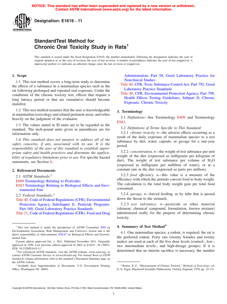 ASTM E1619-11 - Standard Test Method for Chronic Oral Toxicity Study in Rats