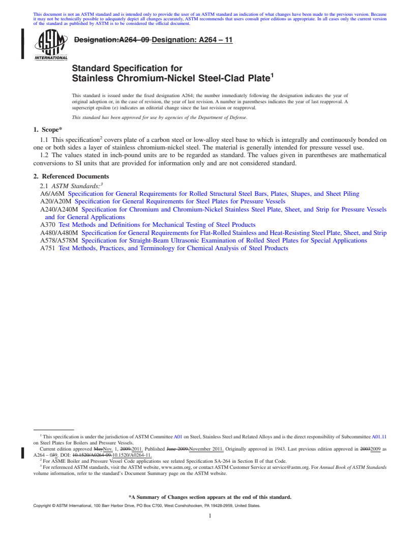 REDLINE ASTM A264-11 - Standard Specification for  Stainless Chromium-Nickel Steel-Clad Plate