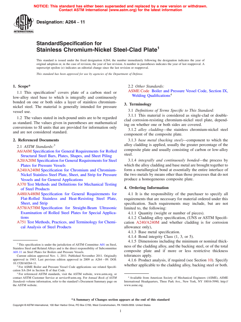 ASTM A264-11 - Standard Specification for  Stainless Chromium-Nickel Steel-Clad Plate