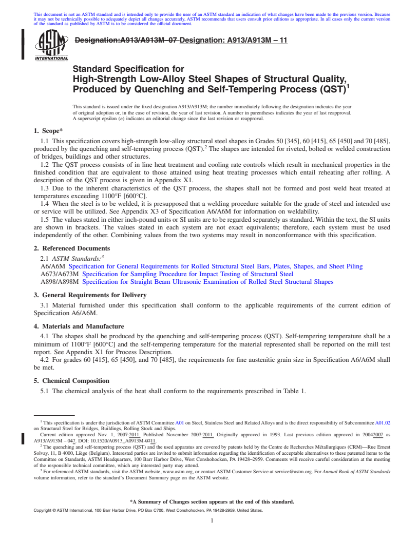 REDLINE ASTM A913/A913M-11 - Standard Specification for High-Strength Low-Alloy Steel Shapes of Structural Quality, Produced by Quenching and Self-Tempering Process