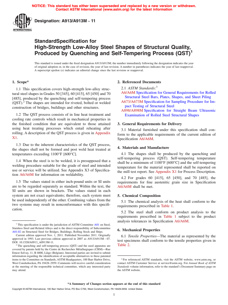 ASTM A913/A913M-11 - Standard Specification for High-Strength Low-Alloy Steel Shapes of Structural Quality, Produced by Quenching and Self-Tempering Process