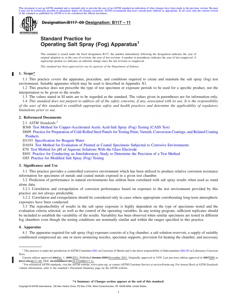 REDLINE ASTM B117-11 - Standard Practice for Operating Salt Spray (Fog) Apparatus
