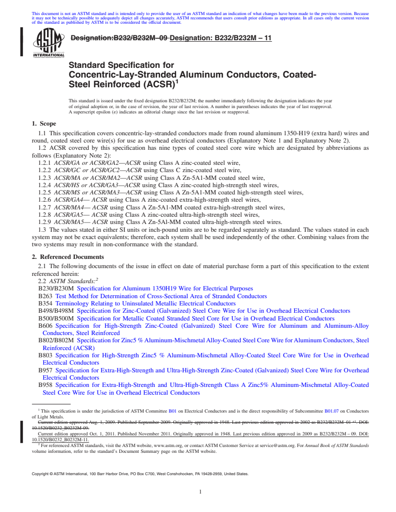 REDLINE ASTM B232/B232M-11 - Standard Specification for  Concentric-Lay-Stranded Aluminum Conductors, Coated-Steel Reinforced (ACSR)