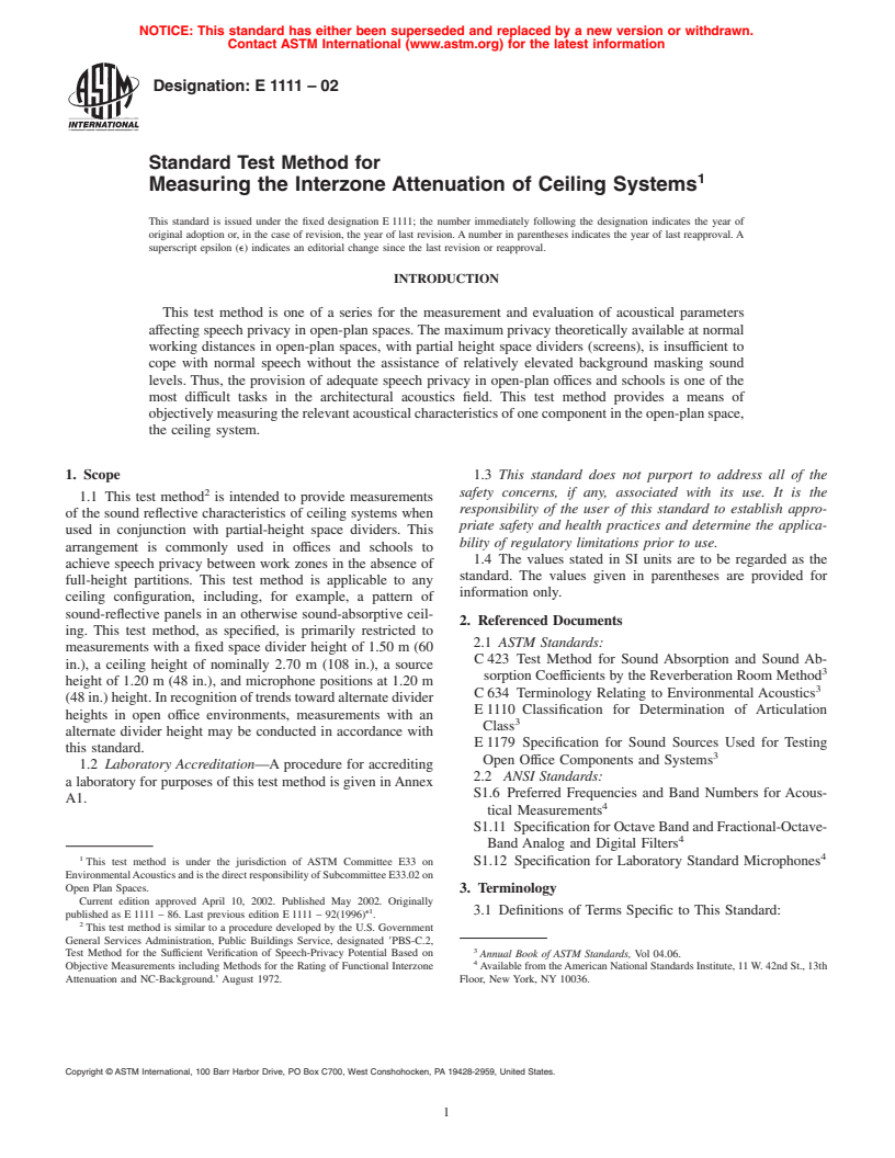 ASTM E1111-02 - Standard Test Method for Measuring the Interzone Attenuation of Ceiling Systems