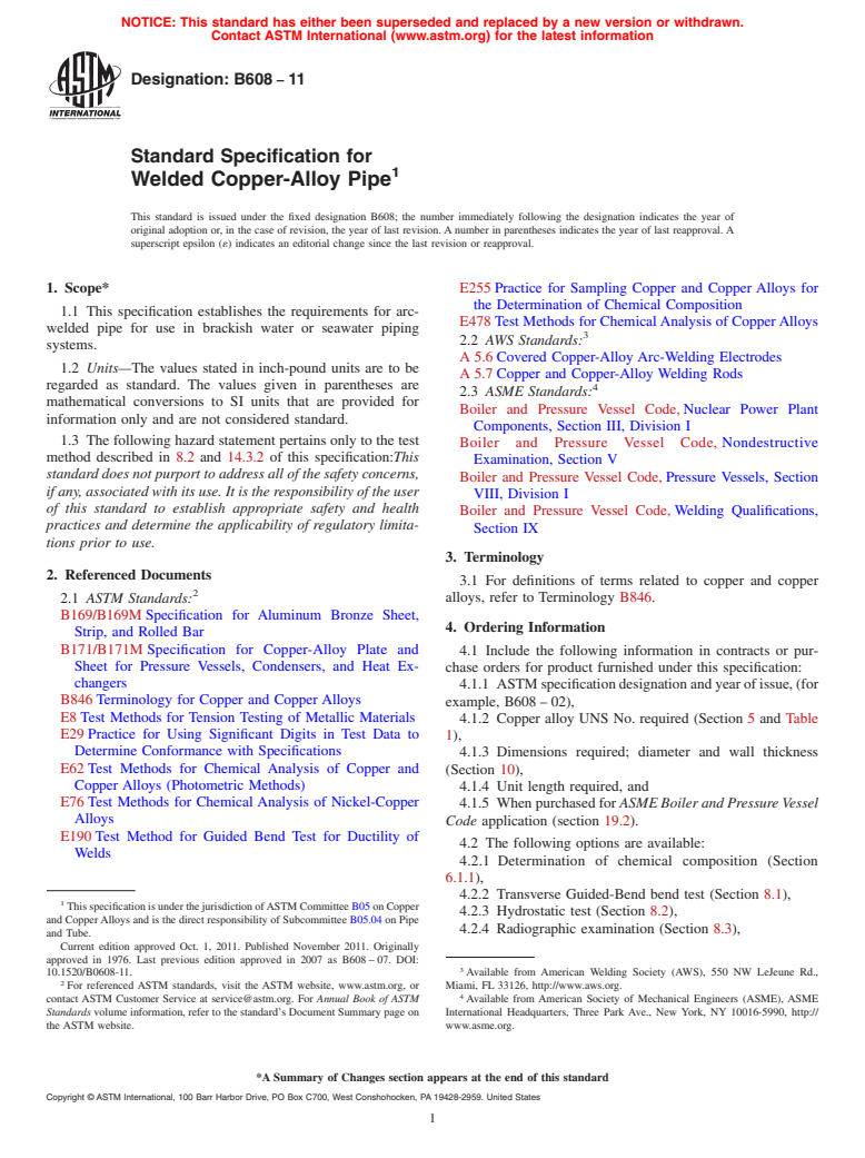 ASTM B608-11 - Standard Specification for Welded Copper-Alloy Pipe