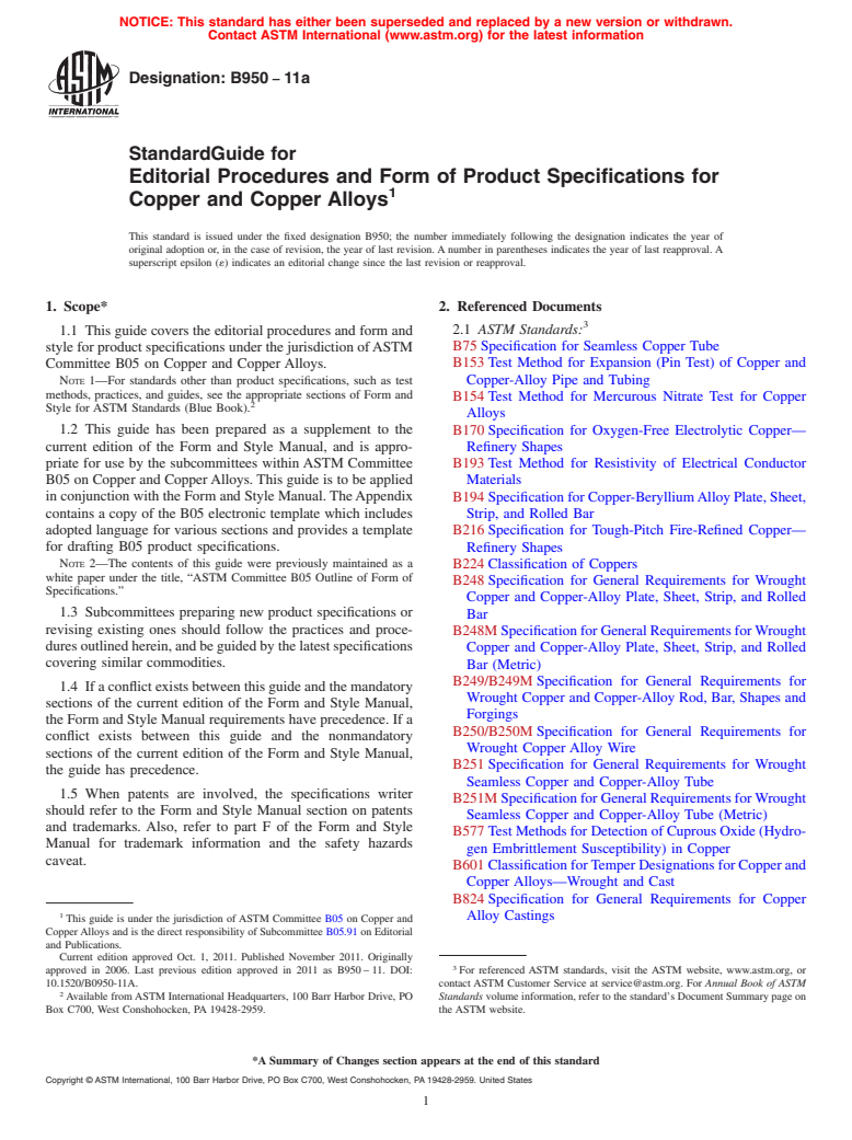 ASTM B950-11a - Standard Guide for Editorial Procedures and Form of Product Specifications for Copper and Copper Alloys