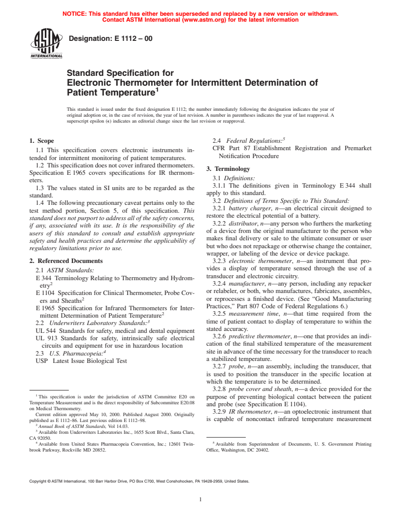 ASTM E1112-00 - Standard Specification for Electronic Thermometer for Intermittent Determination of Patient Temperature