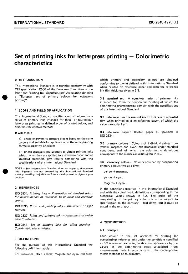 ISO 2845:1975 - Set of printing inks for letterpress printing -- Colorimetric characteristics