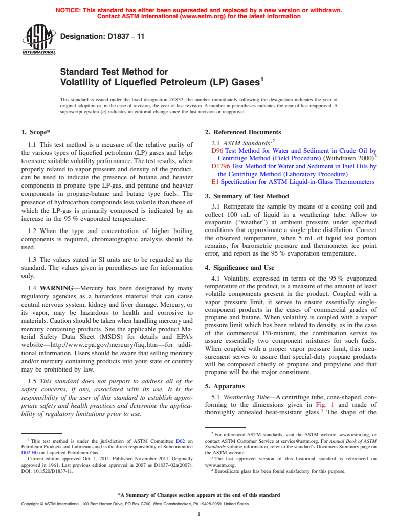 ASTM D1837-11 - Standard Test Method for Volatility of Liquefied Petroleum (LP) Gases