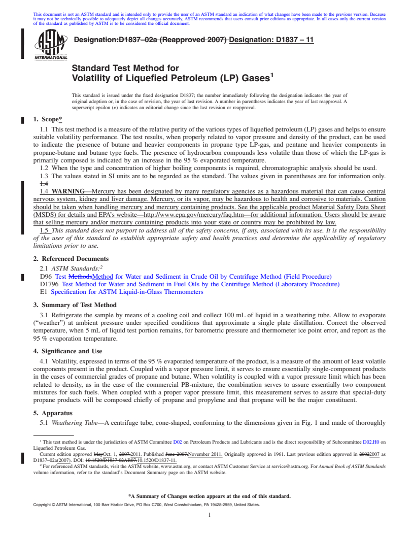 REDLINE ASTM D1837-11 - Standard Test Method for Volatility of Liquefied Petroleum (LP) Gases