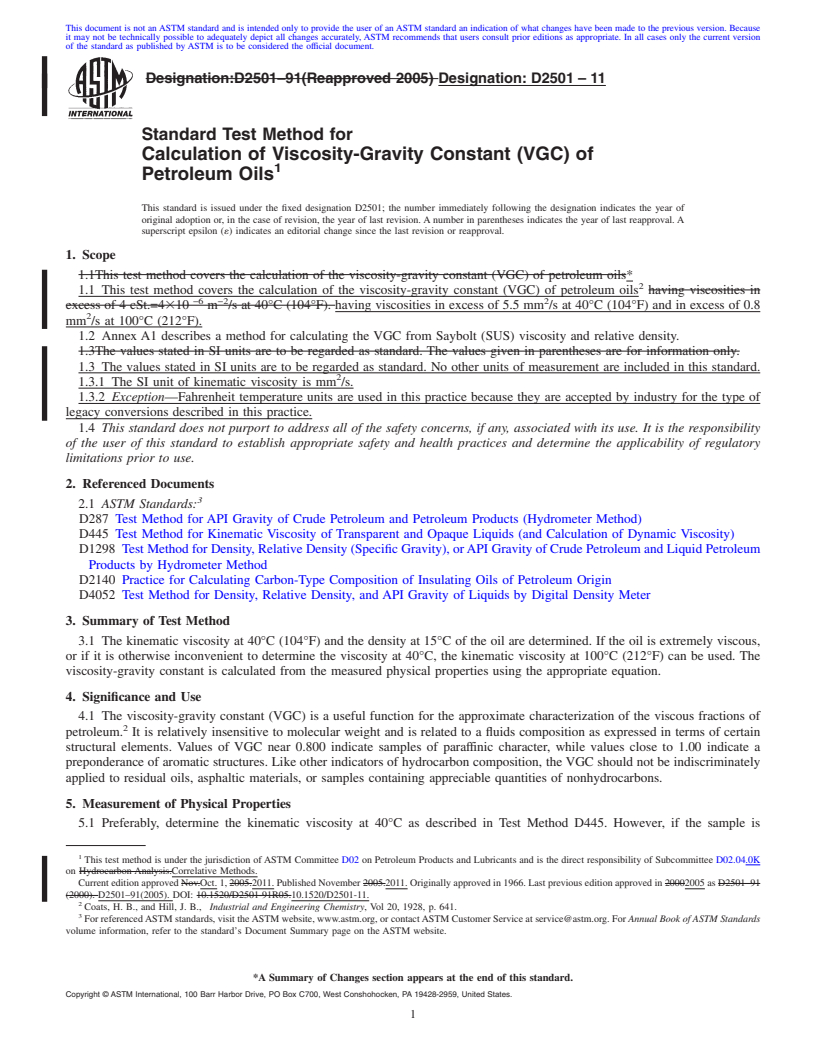 REDLINE ASTM D2501-11 - Standard Test Method for Calculation of Viscosity-Gravity Constant (VGC) of Petroleum Oils