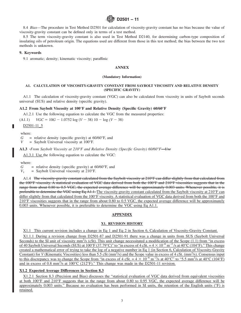 REDLINE ASTM D2501-11 - Standard Test Method for Calculation of Viscosity-Gravity Constant (VGC) of Petroleum Oils