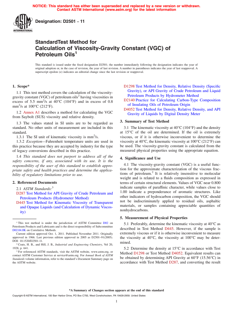 ASTM D2501-11 - Standard Test Method for Calculation of Viscosity-Gravity Constant (VGC) of Petroleum Oils