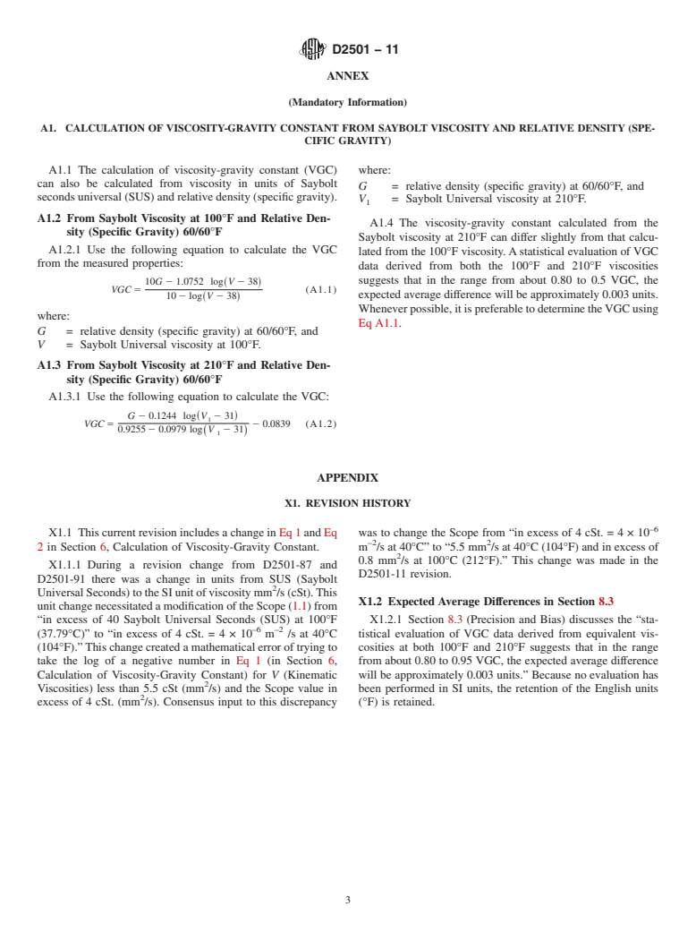 ASTM D2501-11 - Standard Test Method for Calculation of Viscosity-Gravity Constant (VGC) of Petroleum Oils