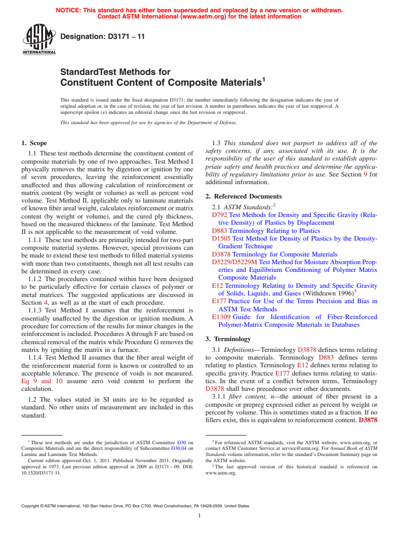 ASTM D3171-11 - Standard Test Methods for  Constituent Content of Composite Materials