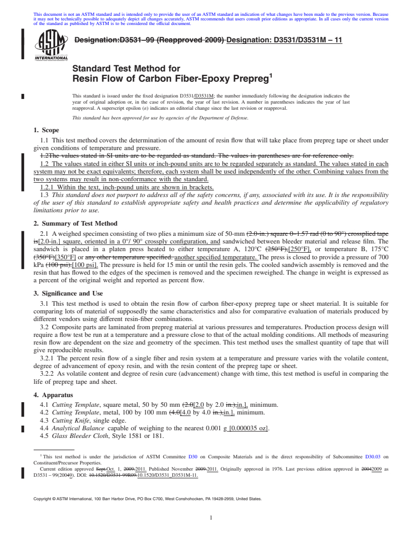 REDLINE ASTM D3531/D3531M-11 - Standard Test Method for  Resin Flow of Carbon Fiber-Epoxy Prepreg