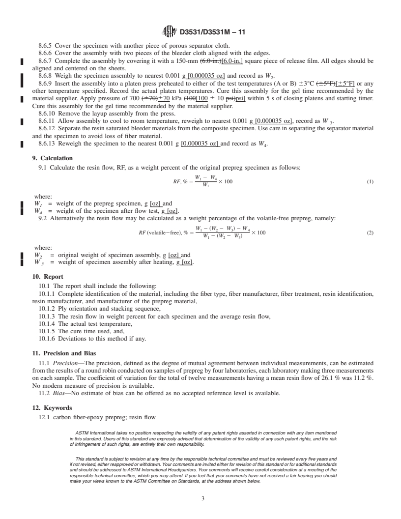 REDLINE ASTM D3531/D3531M-11 - Standard Test Method for  Resin Flow of Carbon Fiber-Epoxy Prepreg