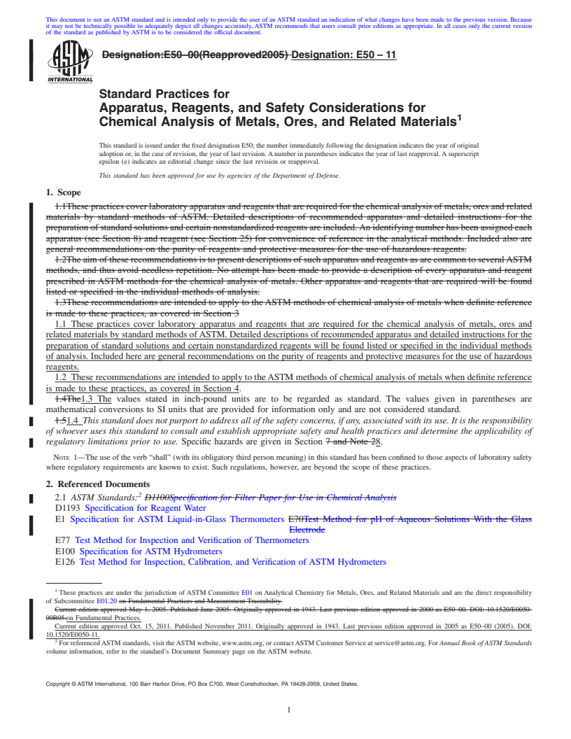 REDLINE ASTM E50-11 - Standard Practices for  Apparatus, Reagents, and Safety Considerations for Chemical Analysis  of Metals, Ores, and Related Materials