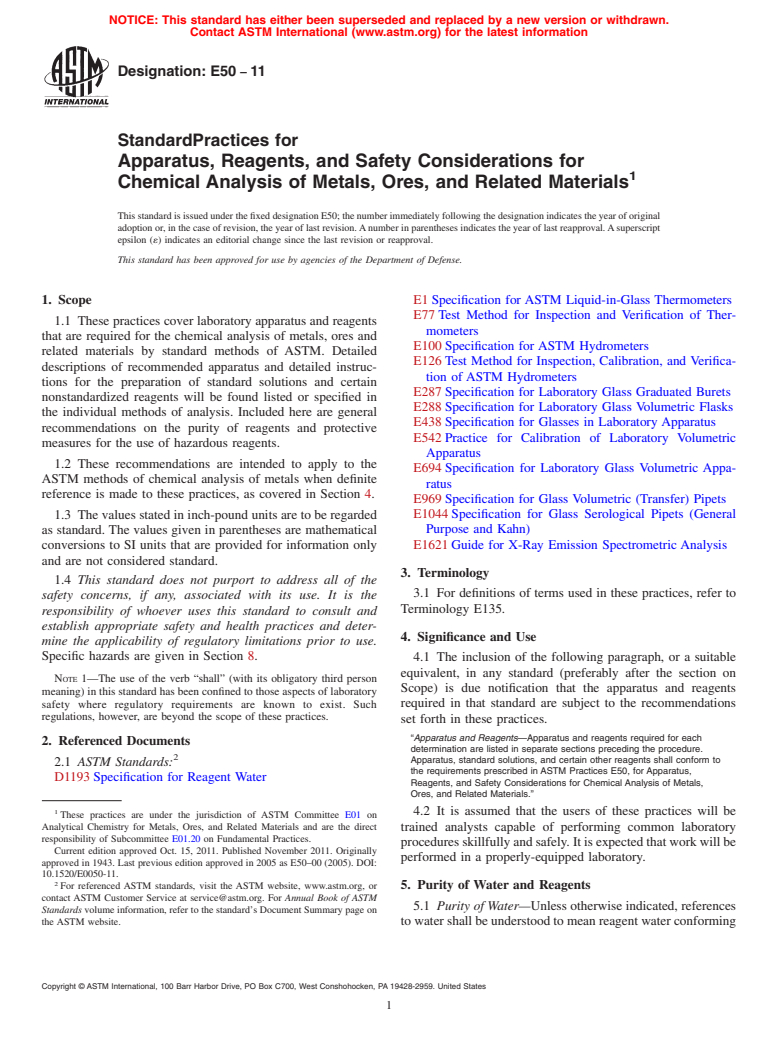 ASTM E50-11 - Standard Practices for  Apparatus, Reagents, and Safety Considerations for Chemical Analysis  of Metals, Ores, and Related Materials