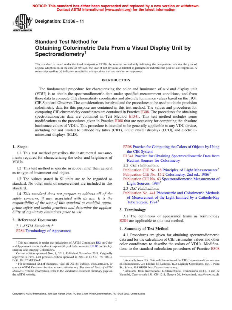 ASTM E1336-11 - Standard Test Method for Obtaining Colorimetric Data From a Visual Display Unit by Spectroradiometry