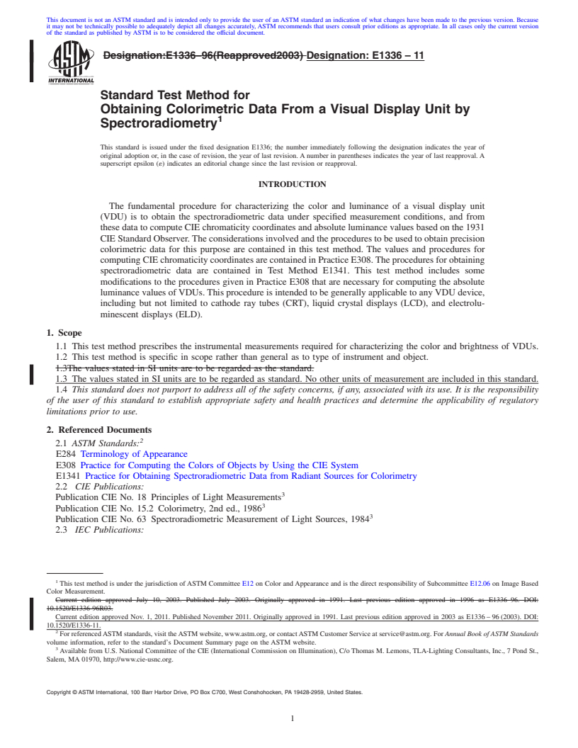 REDLINE ASTM E1336-11 - Standard Test Method for Obtaining Colorimetric Data From a Visual Display Unit by Spectroradiometry