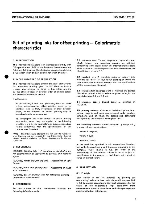 ISO 2846:1975 - Set of printing inks for offset printing -- Colorimetric characteristics