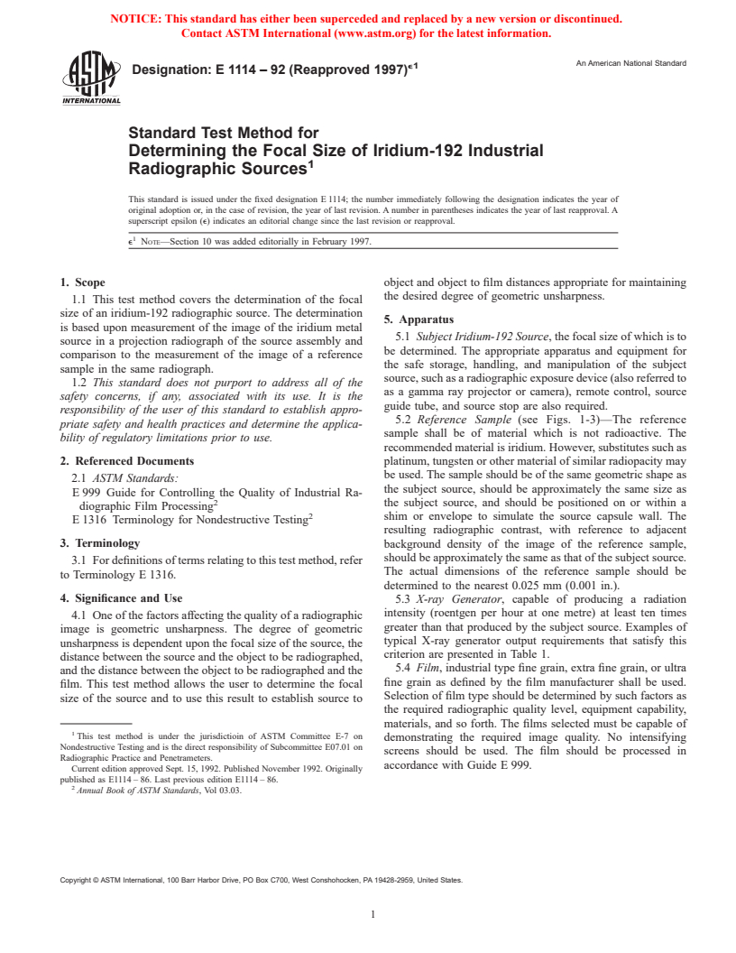 ASTM E1114-92(1997)e1 - Standard Test Method for Determining the Focal Size of Iridium-192 Industrial Radiographic Sources