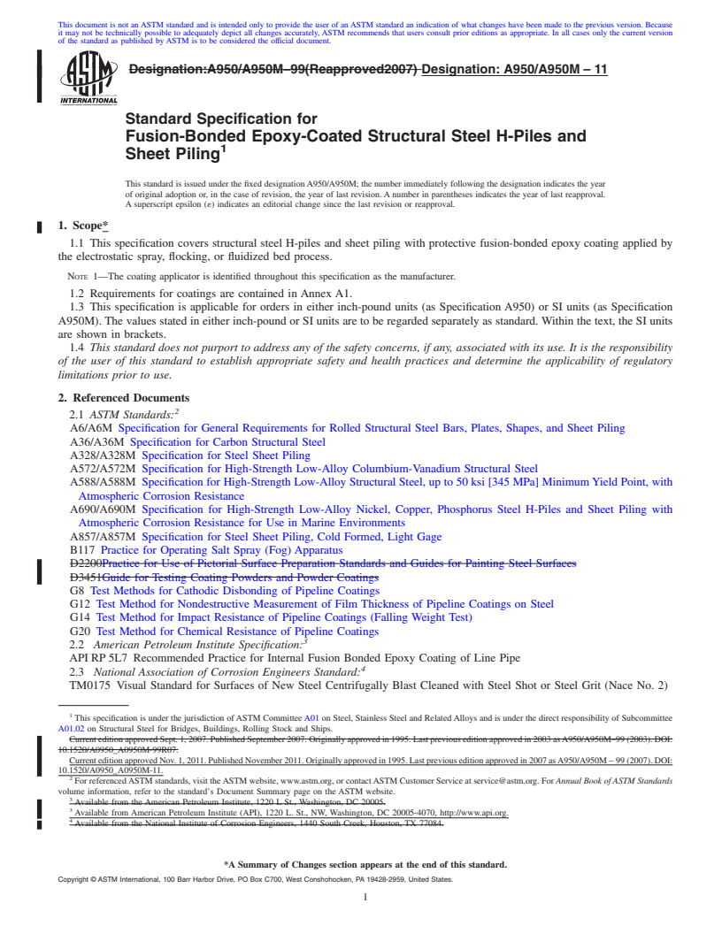REDLINE ASTM A950/A950M-11 - Standard Specification for Fusion-Bonded Epoxy-Coated Structural Steel H-Piles and Sheet Piling