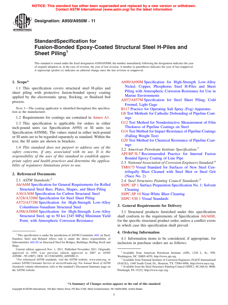 ASTM A950/A950M-11 - Standard Specification for Fusion-Bonded Epoxy-Coated Structural Steel H-Piles and Sheet Piling