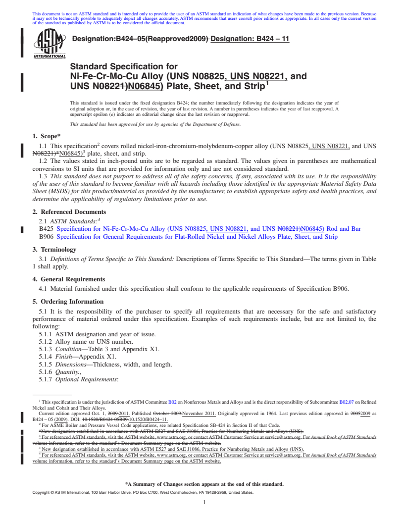 REDLINE ASTM B424-11 - Standard Specification for  Ni-Fe-Cr-Mo-Cu Alloy (UNS N08825, UNS N08221, and <br> UNS N06845) Plate, Sheet, and  Strip