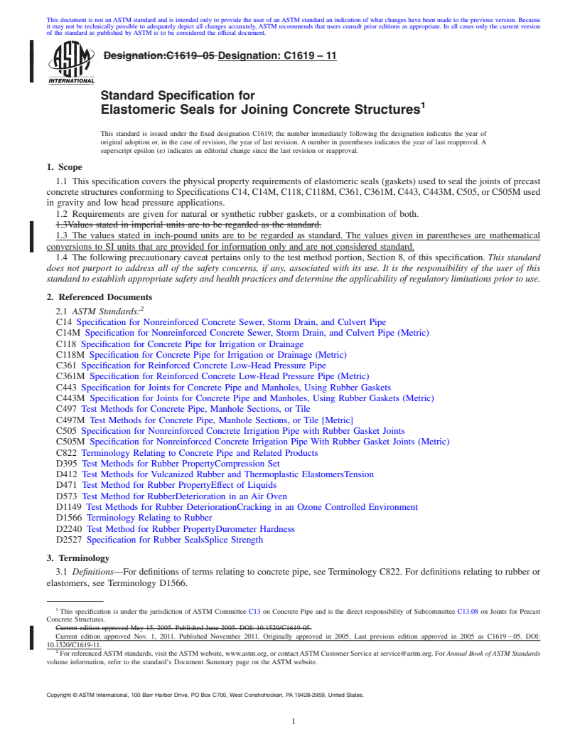 REDLINE ASTM C1619-11 - Standard Specification for Elastomeric Seals for Joining Concrete Structures