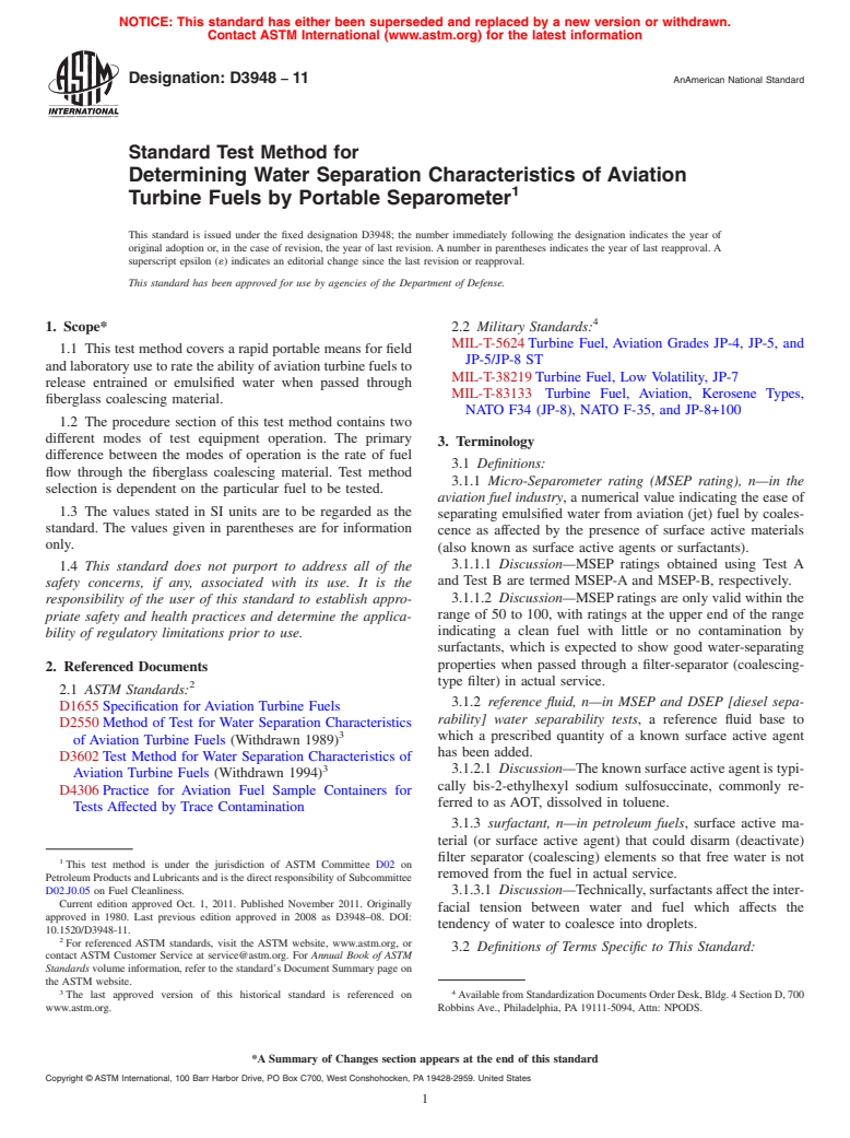 ASTM D3948-11 - Standard Test Method for Determining Water Separation Characteristics of Aviation Turbine Fuels by Portable Separometer