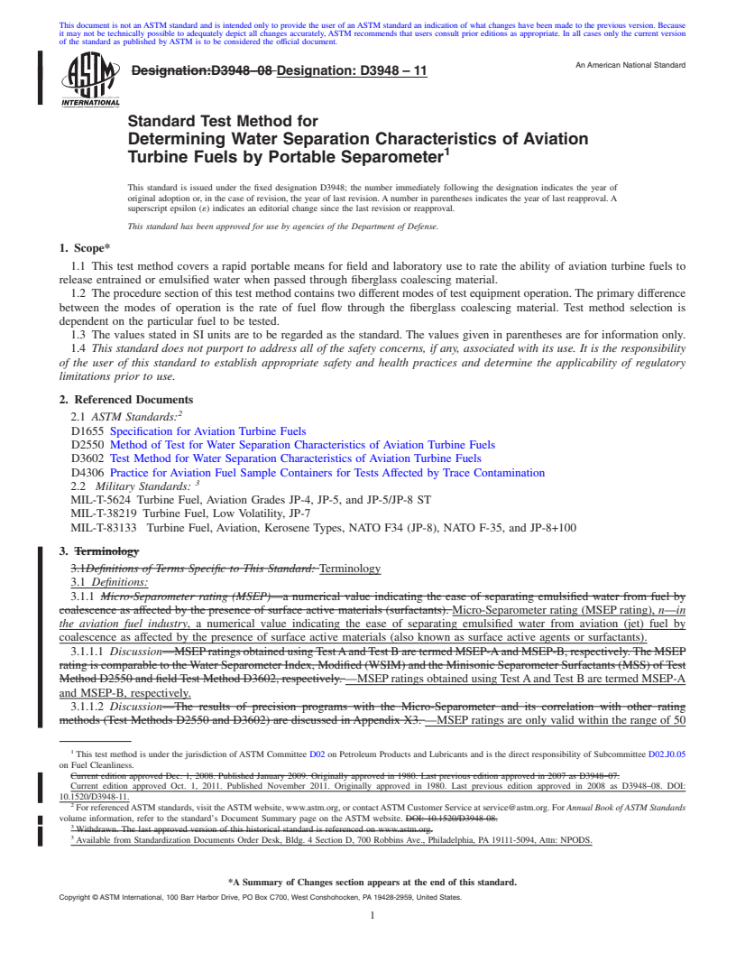 REDLINE ASTM D3948-11 - Standard Test Method for Determining Water Separation Characteristics of Aviation Turbine Fuels by Portable Separometer